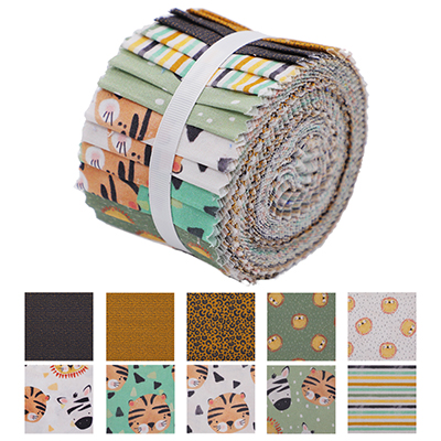 Jelly roll of fabric strips with cute animal head patterns in various colors, including samples of each pattern below the roll.