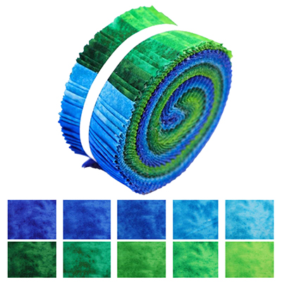 A vibrant fabric roll displaying a range of green and blue tie-dyed patterns. The fabric pieces are arranged in a rolled-up form, showing a gradient transition from dark green to light blue.