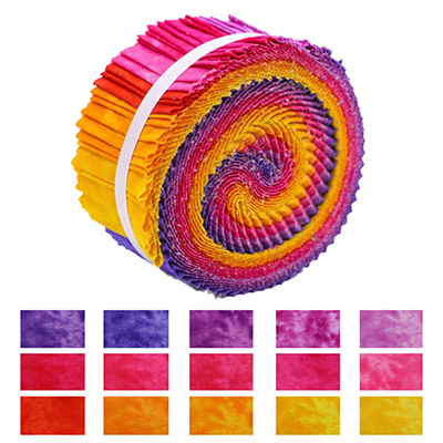 A vibrant roll of fabric strips in dazzling rainbow colors, including shades of purple, pink, red, and yellow. The fabric roll is neatly coiled and tied with a white ribbon.