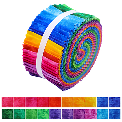 A rolled bundle of fabric strips in vibrant, dazzling colors, including shades of red, orange, yellow, green, blue, and purple. The fabric is wrapped with a white band. Swatches of the different colors are displayed below the roll.