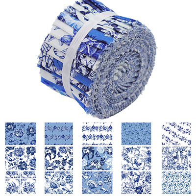 Roll of blue-themed fabric strips with various patterns.