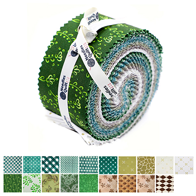A colorful bundle of green and patterned fabric strips, rolled up and secured with a ribbon. The bottom of the image showcases individual fabric samples with various designs in shades of green.