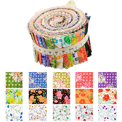 A roll of colorful fabric strips with various floral patterns. The fabric pieces are tightly rolled and secured with a measuring tape, showcasing a vibrant array of floral designs in multiple colors.