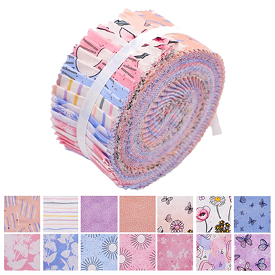A neatly rolled bundle of fabric strips in pink and blue patterns. The fabric roll is secured with a white ribbon and features various pastel designs, including stripes, florals, and geometric shapes.
