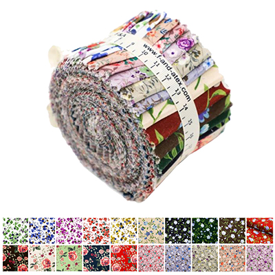 A vibrant fabric roll featuring various floral and patterned prints. The fabric pieces are neatly arranged in a roll, displaying diverse designs in colors like green, red, blue, purple, and more. Each piece showcases unique floral or liberty patterns.