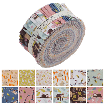 A rolled bundle of fabric strips featuring cute animal prints, showcasing a variety of designs including rabbits, bears, owls, and other woodland creatures on pastel and dark backgrounds.
