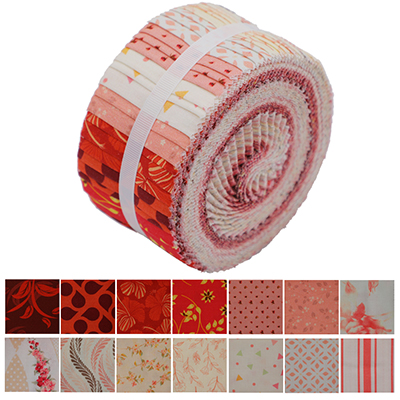 Roll of red-themed fabric strips with various patterns.