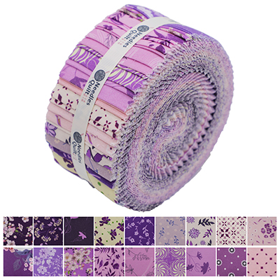 A neatly rolled bundle of purple-themed printed fabric strips. The fabric roll is held together by a white ribbon, and the strips display various intricate patterns in shades of purple and pink.