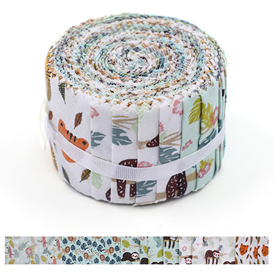 A fabric jelly roll featuring cute animal prints, with each strip displaying playful and whimsical designs of various animals and nature elements in soft pastel colors.