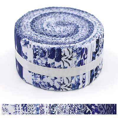 A neatly rolled fabric jelly roll showcasing an array of blue and white patterns, reminiscent of porcelain designs. The roll is bound with a white ribbon. Below the main image, a strip displays a closer view of the intricate blue and white patterns featured in the roll.