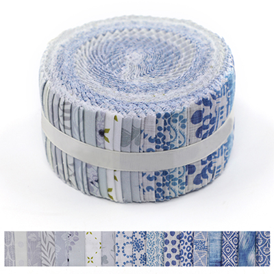 An image of a fabric jelly roll featuring a variety of blue patterns, neatly rolled and tied with a white ribbon. The roll showcases multiple fabric strips with different blue designs, arranged side by side. A horizontal strip below displays a preview of each pattern included in the roll.