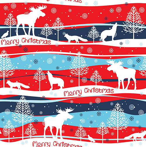 Merry Christmas seamless pattern with winter wildlife, trees, and snowflakes