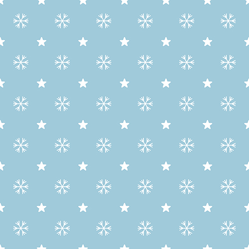 Seamless winter pattern with snowflakes and stars on a light blue background.