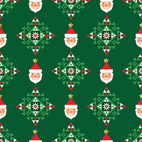 Seamless Christmas pattern with Santa Claus and geometric shapes, perfect for holiday crafting, sewing, and DIY projects