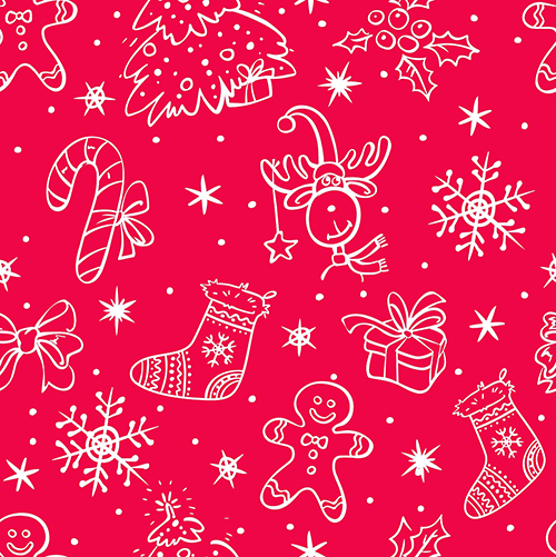 Seamless Christmas pattern in doodle style with red elements, perfect for holiday crafting, sewing, and DIY projects