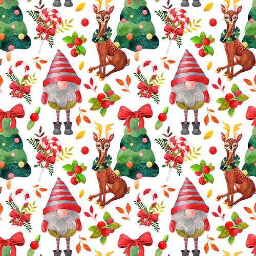 Watercolor Christmas pattern with funny gnomes in warm hats, reindeer, and festive decorations
