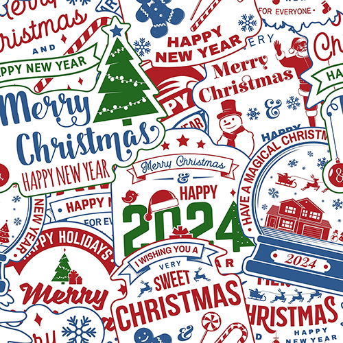 Merry Christmas and Happy New Year 2024 seamless pattern with festive elements, perfect for holiday quilting fabric