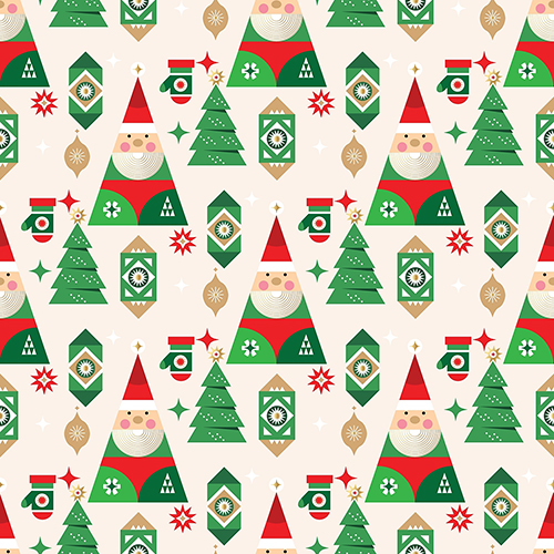 Seamless Christmas pattern with Santa Claus, Christmas trees, and festive ornaments, ideal for holiday-themed quilting projects