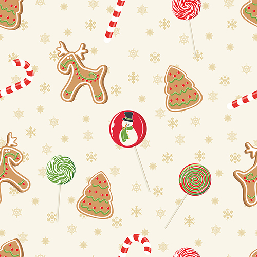 Seamless Christmas pattern with gingerbread cookies, candy canes, and holiday treats, ideal for festive crafting projects