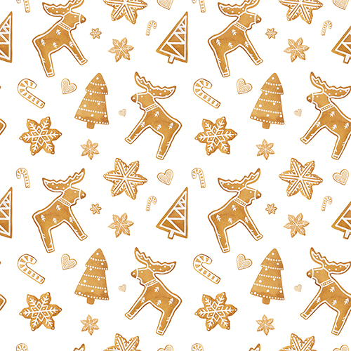 Seamless Christmas pattern with moose and gingerbread cookies, perfect for holiday crafting, sewing, and DIY projects