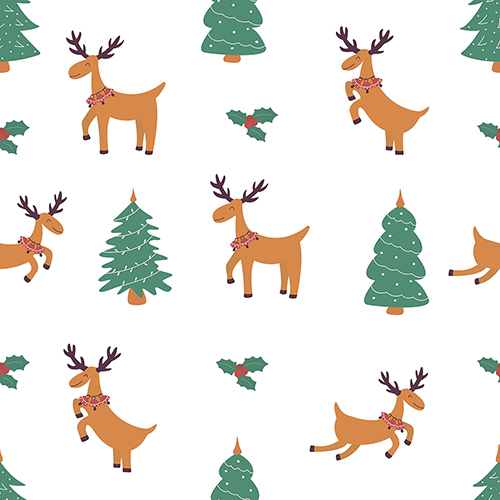 Seamless Christmas pattern with happy reindeer and trees, perfect for holiday crafting, sewing, and DIY projects