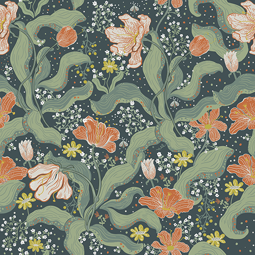 Green and orange floral pattern quilting fabric, perfect for crafting, sewing, and DIY projects