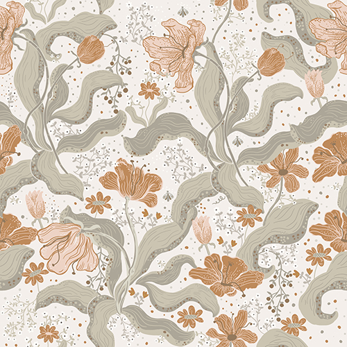 Orange and grey floral pattern quilting fabric, perfect for crafting, sewing, and DIY projects