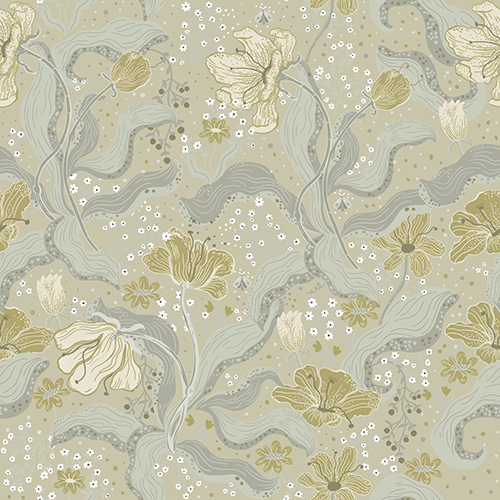 Beige and green floral pattern quilting fabric, perfect for crafting, sewing, and DIY projects