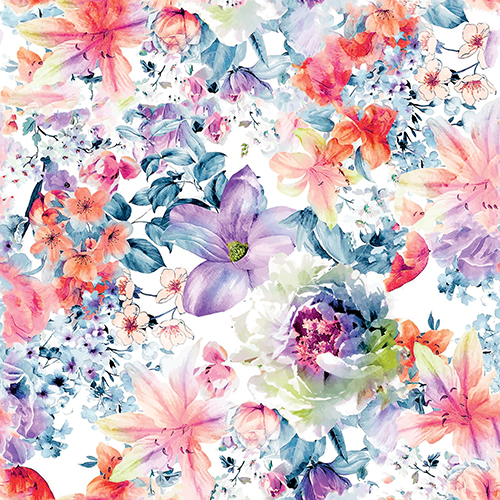 Seamless pattern of summer flowers drawn in orange and purple. The design features a variety of flowers in vibrant shades of orange, purple, and other colors, set against a white background.