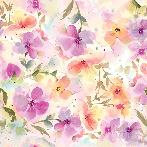 Seamless floral pattern with watercolor flowers and green leaves on an abstract background. The design features a variety of flowers in shades of pink, purple, and yellow, set against a soft, pastel abstract backdrop.