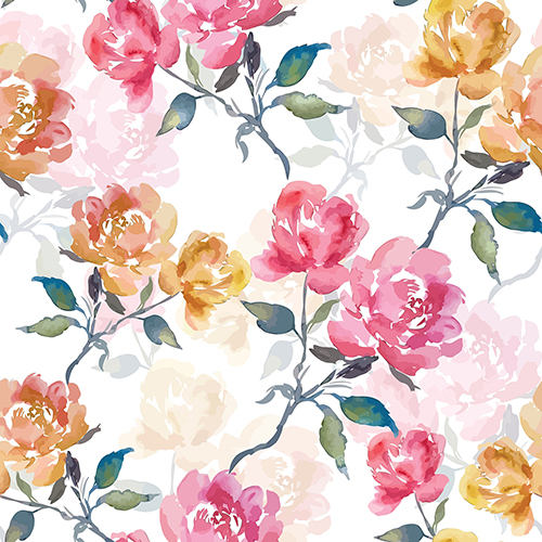 Seamless pattern with colorful flowers and branches, featuring a variety of blooms in shades of pink, yellow, and peach with green leaves, set against a white background.