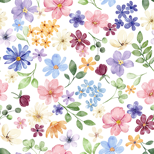 Seamless pattern with a vibrant mix of watercolor flowers, including pink, blue, purple, and yellow blooms with green leaves, set against a white background. The lively floral design is ideal for a range of decorative uses.