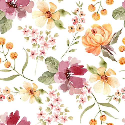 Seamless pattern with delicate watercolor flowers, including pink, yellow, and orange blooms with green leaves, isolated on a white background. Elegant and fresh design suitable for various decorative applications.