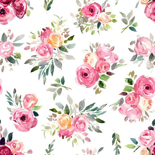 Seamless pattern with pink watercolor roses, spring flowers, and green leaves on a white background. Elegant and fresh design suitable for various decorative applications.