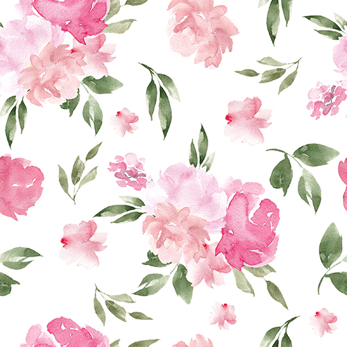 Seamless pattern with hand-drawn watercolor spring flowers and leaves in pink and green hues on a white background. Delicate and fresh design suitable for various decorative applications.