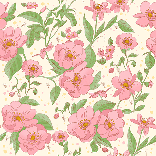 Seamless pattern featuring pink flowers and green leaves on a light background. Ideal for spring-themed designs and decorative projects.