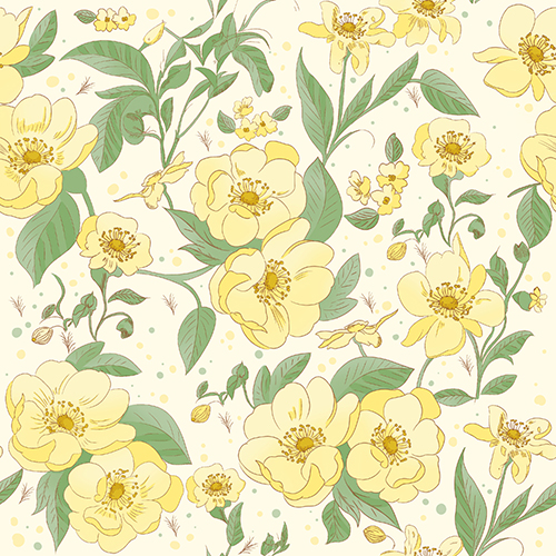 Seamless pattern featuring yellow flowers and green leaves on a light background. Ideal for spring-themed designs and decorative projects.