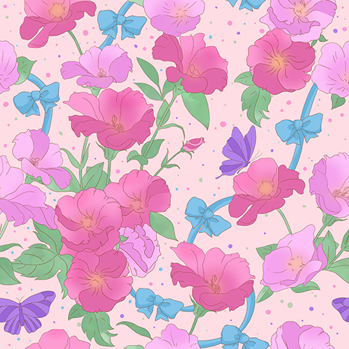 This beautiful spring-themed seamless pattern features an array of vibrant flowers, colorful butterflies, and charming blue bows on a soft pink background. The playful combination of elements and the cheerful color palette make it ideal for a variety of creative projects, such as fabrics, wallpapers, gift wraps, and other decorative items. Its fresh and lively appearance captures the essence of spring and adds a touch of joy to any design.