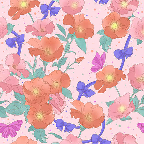 Seamless pattern featuring vibrant flowers, butterflies, and blue bows on a pink background. Ideal for spring-themed designs and decorative projects.