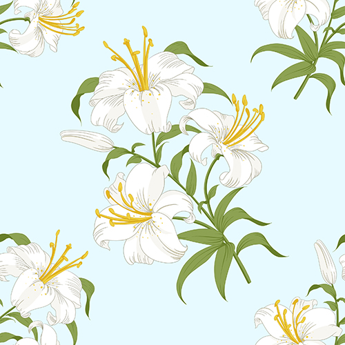 Seamless pattern featuring white lilies with green leaves on a light blue background. Ideal for spring-themed designs and decorative projects.