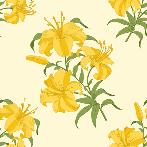 Seamless pattern featuring yellow lilies with green leaves on a light yellow background. Ideal for spring-themed designs and decorative projects.