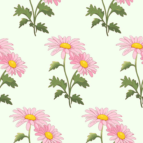 Seamless pattern featuring pink flowers with green leaves on a light green background. Ideal for spring-themed designs and decorative projects.