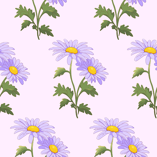 Seamless pattern featuring purple flowers with green leaves on a soft pink background. Ideal for spring-themed designs and decorative projects.