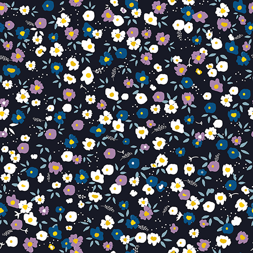 Floral pattern with white, purple, and blue flowers on a black background. Ideal for decorative and design purposes.