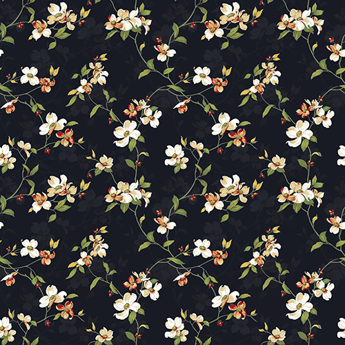 Pattern featuring watercolor white and red flowers on a black background. Suitable for decoration and design.