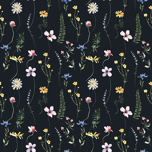 Pattern featuring watercolor flowers in yellow, blue, pink, and violet on a black background. Suitable for decoration and design.