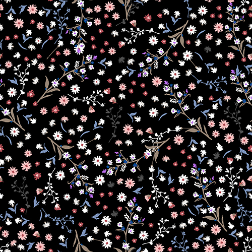 Pattern featuring small pink, white, and blue flowers on a black background. Suitable for decoration and design.