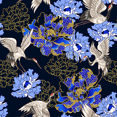 Pattern featuring cranes and blue peonies on a dark background. Suitable for decoration and design.