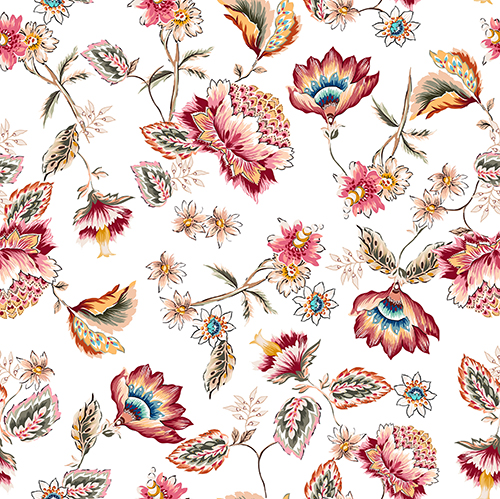 Pattern featuring colorful floral designs on a white background. Suitable for decoration and design.