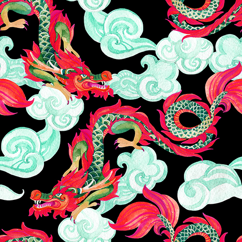 Colorful Dragon and Cloud Pattern Design - Quilting Fabric, Dragons on Black, Chinese Mythology, Fabric for Sewing, Quilting Material